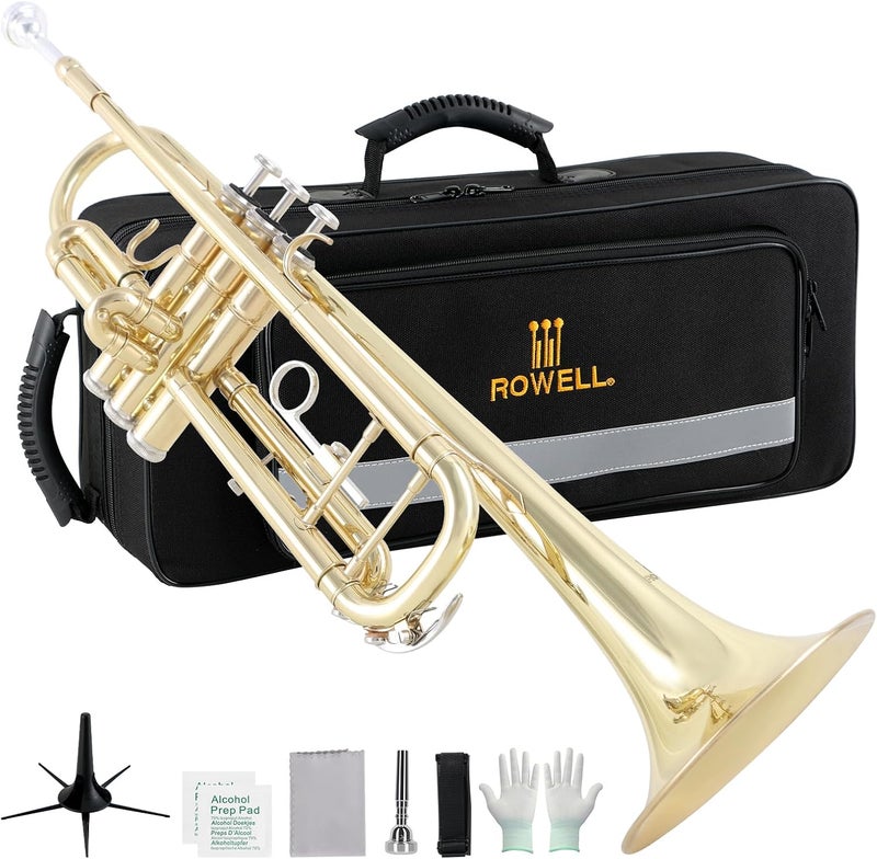 ROWell Bb Trumpet Standard Trumpet Set,Double Support Beam Design Trunpet, Trumpet Instrument with Hard Case, Cleaning Kit, Stand, Mouthpiece, Gloves, Valve Oil for Beginner,Student and Adult.(Gold) - Image 1